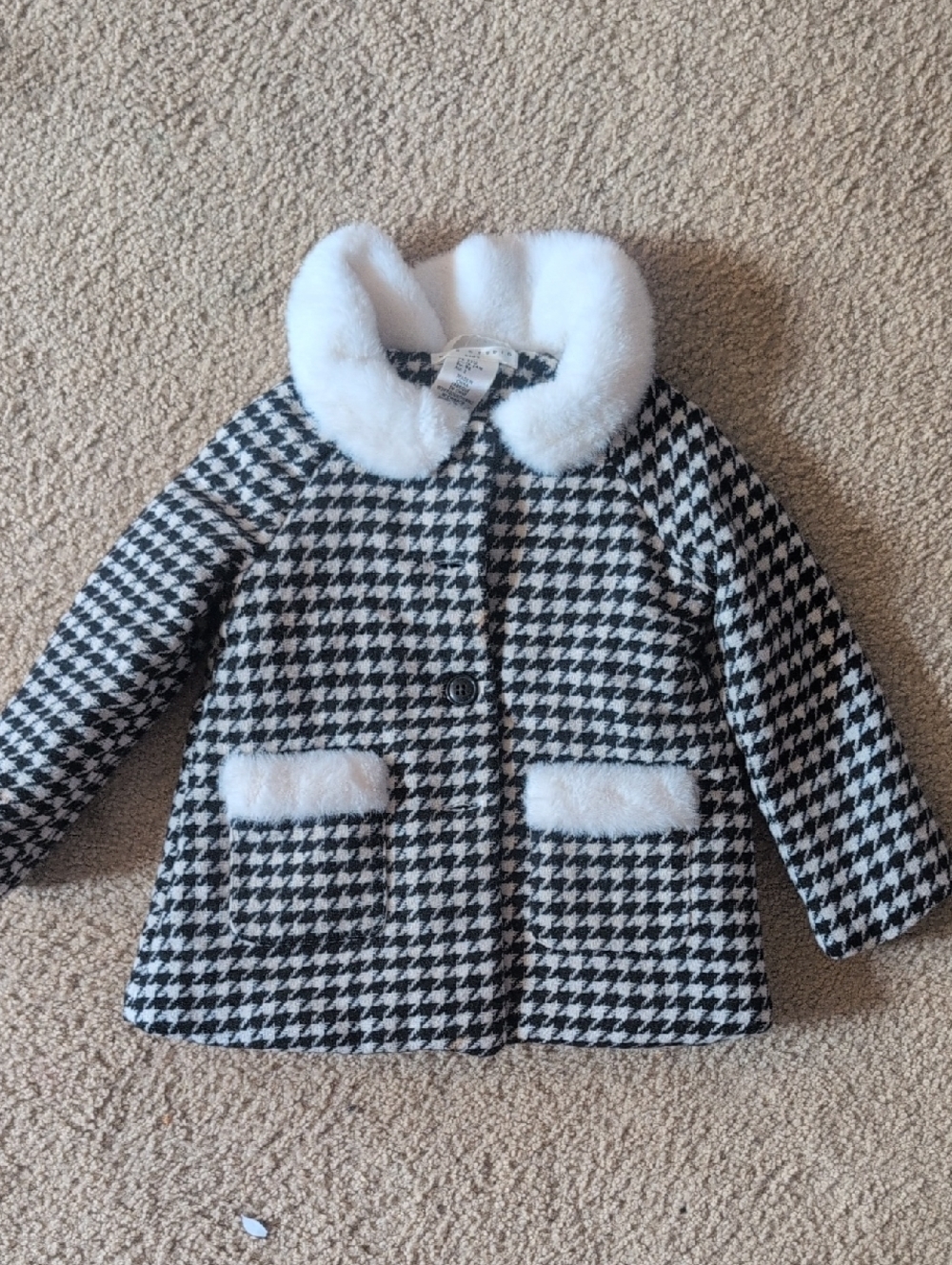 Max Studio Black & White Houndstooth Peacoat with Faux Fur Collar